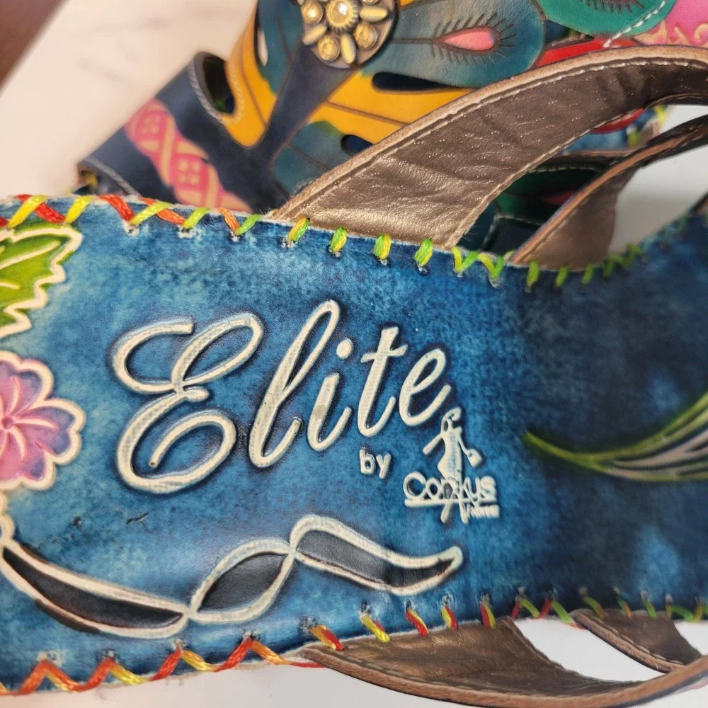 Elite by Corkys Bonsai Blue Leather Peacock Hand Painted Wedge Sandals Womens 6